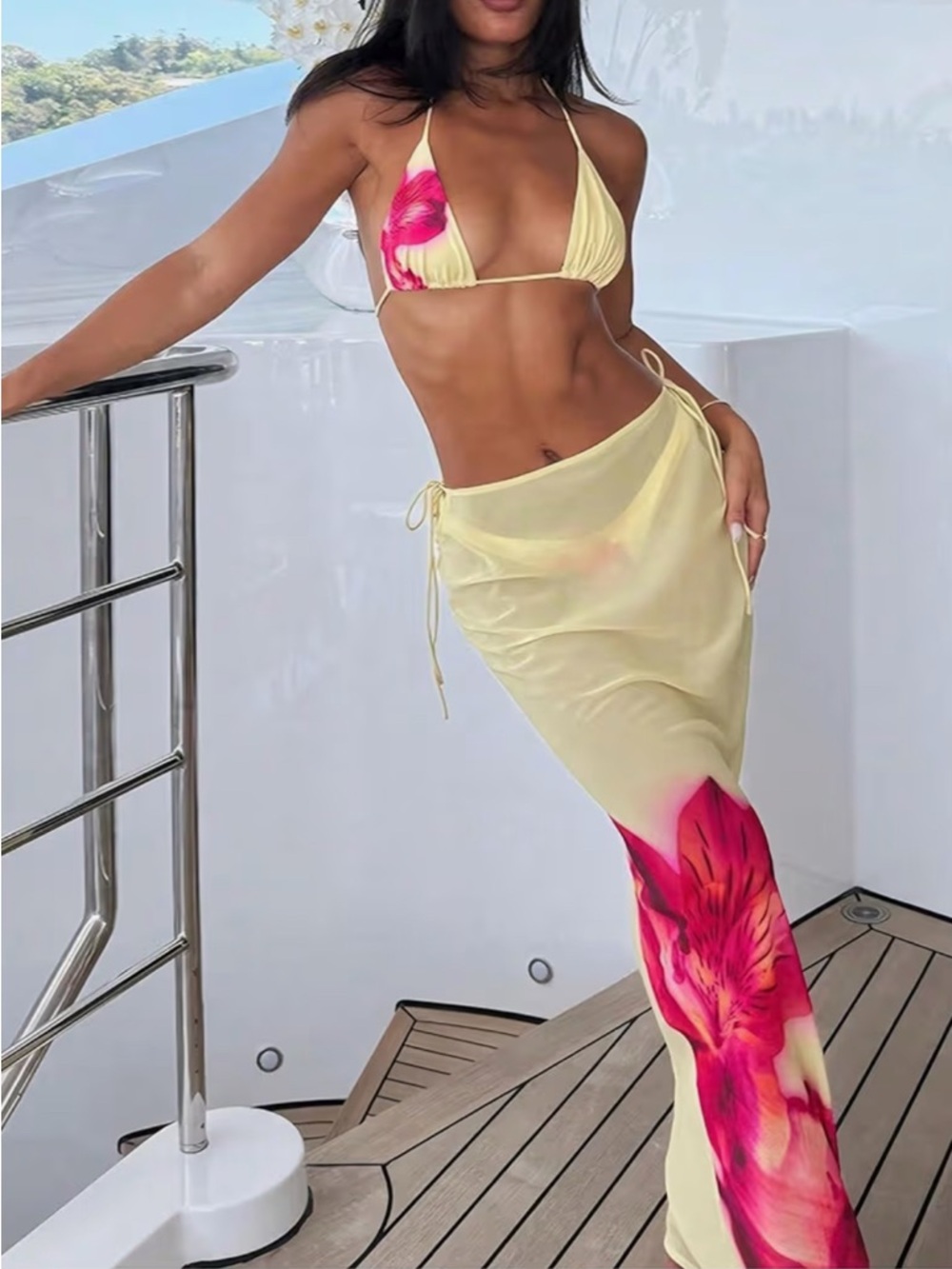 Sheer Yellow Floral Tie-Side Bikini Set
